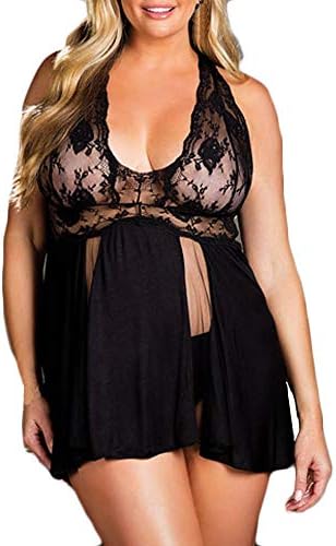 Lingerie for Women,Ladies Mesh Babydoll V Neck Lace Splice Sleepwear with G-String Underwear