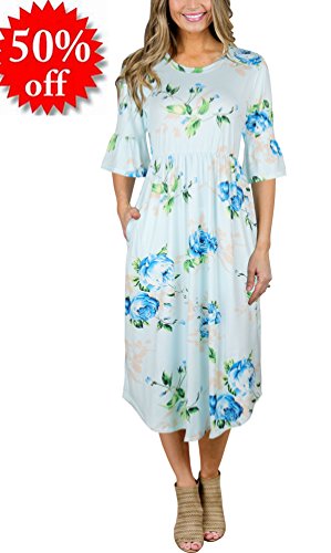 ECOLIVZIT Womens Floral Printed Midi Dress Bell Sleeve Summer Casual Dresses With Elastic Waist
