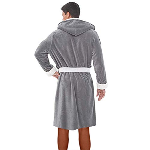 Realdo Mens Fleece Robe with Hood, Men's Warm Solid Color Robe Hooded Belt Bathrobe