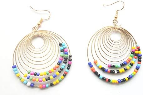 Leeya Trendz Golden Hoop Chand Bali Medium Size Multicolor Beads Hoop Earrings for Women & Girls