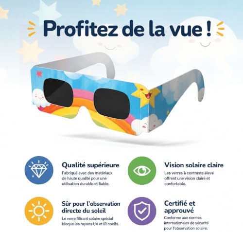 Lunettes Eclipse Solaire 2026 pour enfants – Lot de 10 Paires Premium avec 2 Filtres Solaires pour Smartphone, Lunettes Eclipse Solaire ISO 12312-2,CE Protection des Yeux pour l'Observation du Soleil