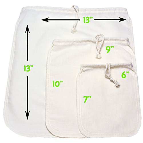 100% Organic Cotton Textile, Reusable, Durable, Natural and Finest Quality High Grade Mesh Nut Milk Bag, Nylon Free, Strainer Cheesecloth and Coffee Filter for Silk Almond Cashew Peanut Milk
