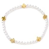 Opalencian Gold Cross Pearl Beads Bracelet Stack for Women,Dainty White Stackable Bracelets Charm Handmade Fashion Jewelry Gifts
