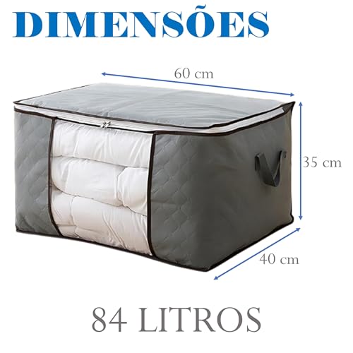 Kit 4 Sacos Bolsas Organizadoras Dobráveis Tecido Cinza com Zíper Total e Janela Frontal – Guarda Cobertores, Edredons e Roupas de Cama sem Amassar no Armário