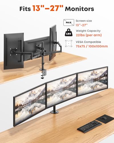 Triple Monitor Mount,3 Monitor Desk Mount Fits 13-27 inch Screens,Triple Monitor Stand Fully Adjustable with Cable Management,10kg Weight Capacity per Arm,VESA 75/100mm