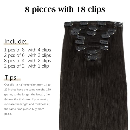 ABH AMAZINGBEAUTY HAIR Clip in Hair Extensions - Real Human Hair, Black, Invisible, Straight, Double-side Skin Wefts, Off Black #1B, 8Pcs With 18 Clips, 120G, 20 Inch