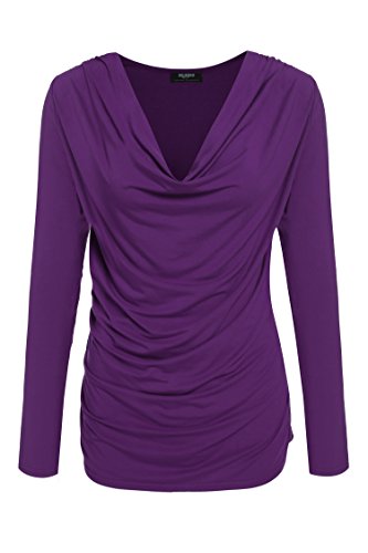 Zeagoo Womens Ruched Cowl Neck Shirt Modal Top Long Sleeve Jersey Top,Purple,M