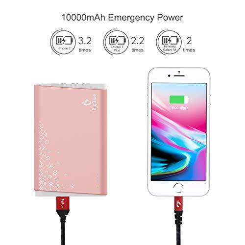 BigBlue 10000mAh Rechargeable Charger with Emergency Light, Portable Reusable with Double-Side Heat for Winter Sports, Ski, Hiking, Camping, Gift-Giving, Rose Gold