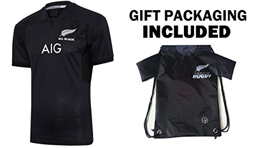 New Zealand All Black Rugby Jersey Home âœ® Short Sleeve âœ® BONUS All Black Rugby Jersey Shape Drawstring Backpack Gym Bag by Fan Kitbag (L, Home Short Sleeve)