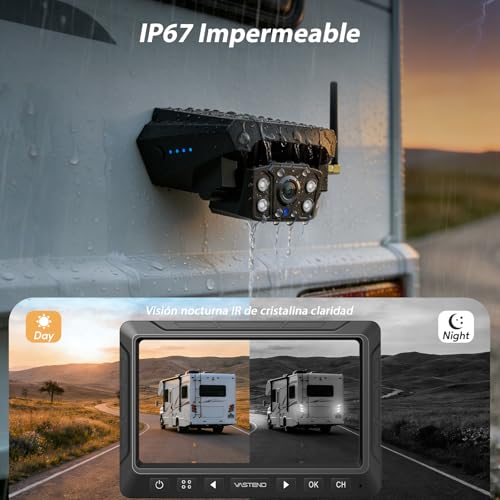 Wireless Solar Reversing Camera with 10000mAh Battery, 7 Inch Wireless Reversing Camera, IP69 Waterproof, Infrared Night Vision for Caravan, Truck, Car, Camper (VS-7E)