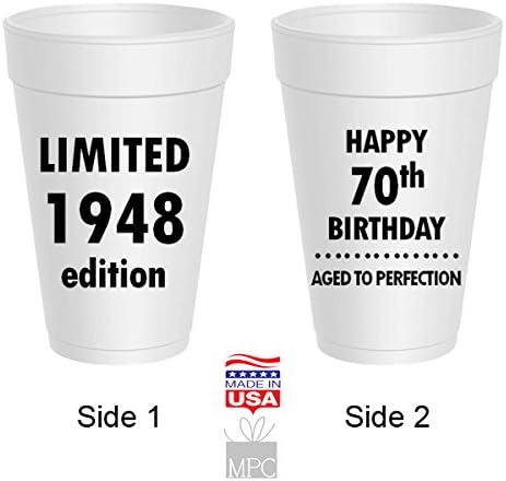 Mandeville Party Company, 10 count Styrofoam Cups, Happy 70th Birthday - Limited 1950 Edition, Aged to Perfection