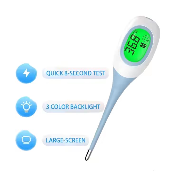 Termômetro Digital Flexível Clínico com Resultado Rápido em 8 Segundos, Visor LCD, Ponta Macia Impermeável, Medidor de Febre para Bebês, Crianças e Adultos, Alta Precisão e Alarme Sonoro (AZUL)