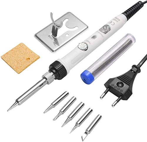 Soldadores de Estaño Electronica, SREMTCH [Nuevo Diseño] 60W Kit del Soldador de 220 ℃ a 480℃ Temperatura Ajustable con Interruptor 5pcs Puntas Diferentes, Soporte, Alambre de Soldadura