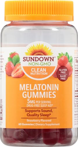 SUNDOWN MELATONIN 5MG GUMMIES FOR SLEEP SUPPORT, NON-GMO, DAIRY-FREE, GLUTEN-FREE, NATURAL STRAWBERRY FLAVOR, 60 COUNT