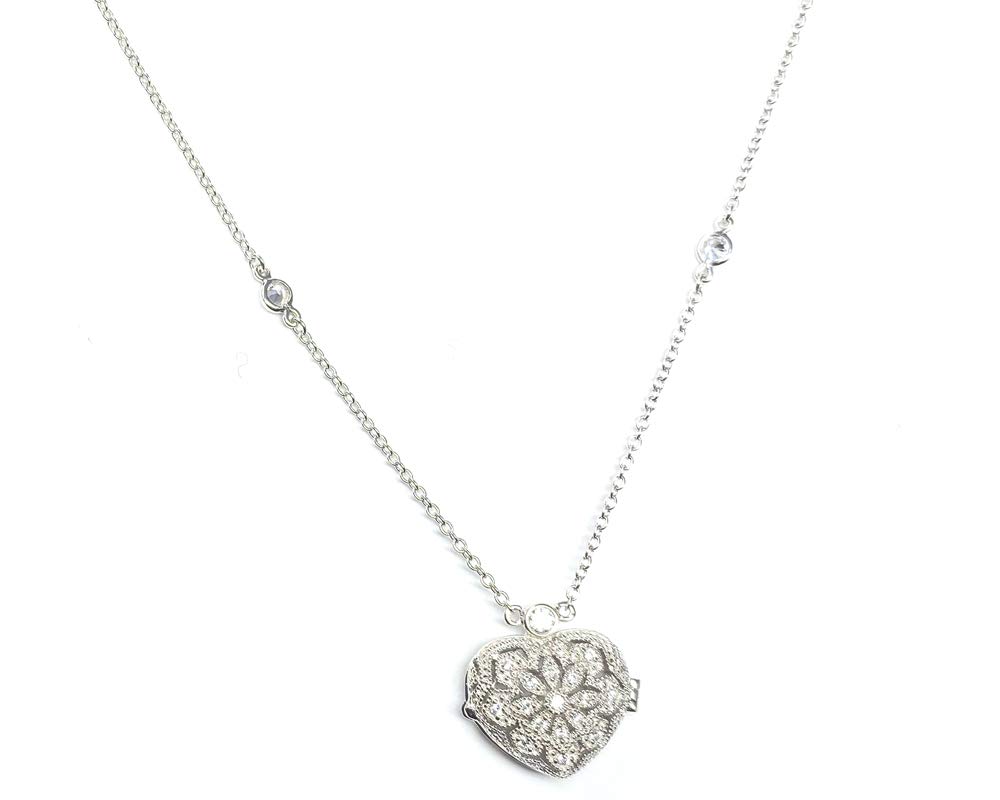 Strictly Gifts Sterling Silver 925 Vintage Style Cubic Zirconia Heart Locket on 41-46cm Chain