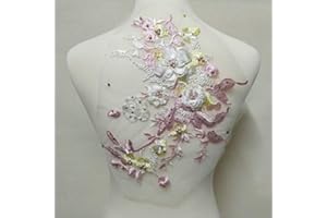 FEEPOP 3D Embroidered Patches Nail Bead Tulle Applique Flower Patch for Clothing Wedding Dress Lace C Fabric DIY Decoration (Powder + Yellow)