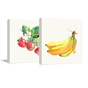 2 Panel Square Strawberry and Banana Watercolor Fruits...
