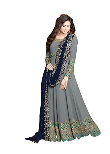 Photo 1 of Henith Collection Ready to Wear Indian/Pakistani Party Wear Embroidered Style Anarkali Suit for Women with Matching Dupatta (Grey & Navy Blue, XXL)