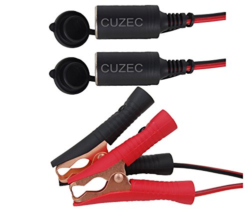 CUZEC 5.7ft/1.75m 16 AWG Extension Cord Dual Plug Socket with Battery Clamp 12V/24V Battery Clip-On and Cigarette Lighter Adapter (CU10112)