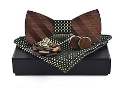 Men's Green Black Wooden Bow Ties Pocket Square Set
