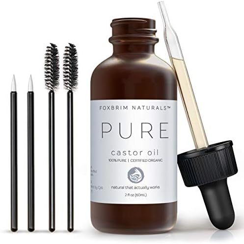 Organic Castor Oil - 2oz - 100% Pure - Cold Pressed - USDA Certified - Hexane Free - For Hair, Skin, Eyelashes, Eyebrows & Nails With Treatment Applicator Kit - by Foxbrim