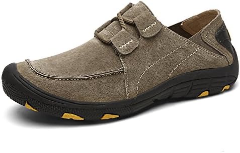 Men's Leather Outdoor Hiking Shoes Slip Ons with Adjustable Lace Khaki US 9.5