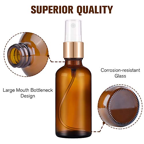 PrettyCare Glass Spray Bottles for Essential Oil 2 oz 12 Pack (Unique Amber Bottle with Golden Caps & 2 Extra Sprayer, 24 Labels and Funnels) Small Refillable Fine Mist Dispenser for Cleaning Product