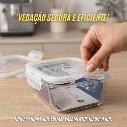 Kit 5 Potes Herméticos de Vidro Resistente de 650ml com Travas de Segurança e Tampa com Válvula | Próprio para Freezer, Microondas e Forno - Kit 5 Unidades