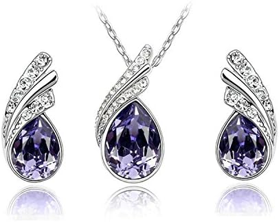 Silver Toned Charming Fancy-shaped Pendant with 17" + 2" Extender Fashion Necklace and Matching Stud Earrings Set (Dark Purple)