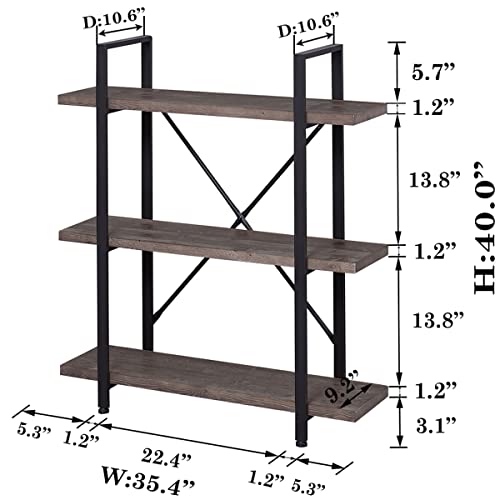 IBF Natural Real Wood Bookshelf, 3 Tier Rustic Solid Wood Bookcase