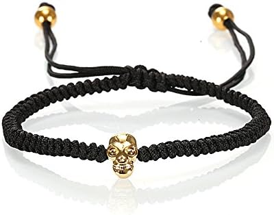 Adjustable Nylon Black Rope Braid and Stainless Steel Skull Head Bracelet Gold Plated Color