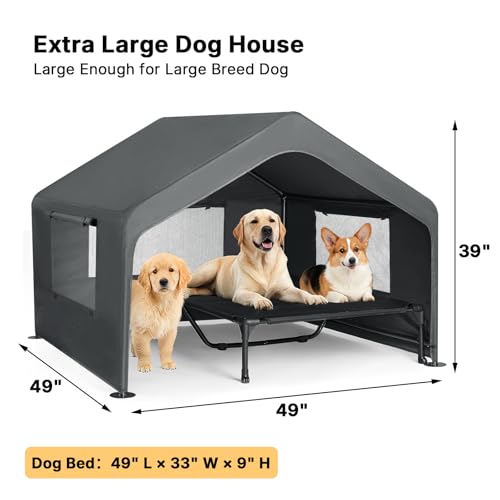 Veehoo Extra Large Dog House Outdoor with Elevated Dog Bed, Outside Dog Tent, Weatherproof Dog Shade Shelter and Raised Bed Combo for Pets or Stray Animals, Grey, 124L x 124W x 99H cm