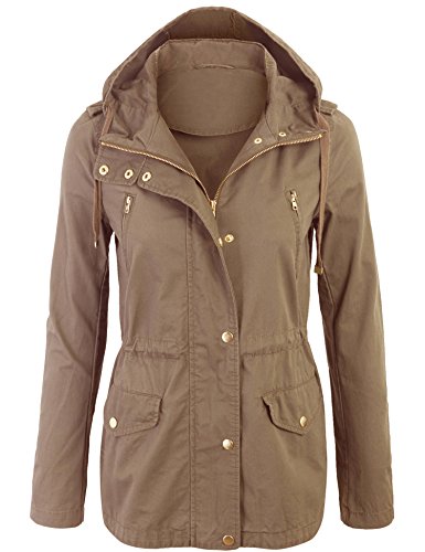 KOGMO Womens Zip up Military Anorak Safari Jacket with Hoodie-L-Khaki