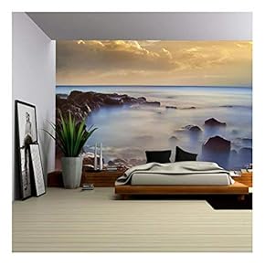 Beautiful Ocean Seascape with a Golden Sky and Red and Blue Colorful Sea Rocks - Removable Wall Mural | Self-Adhesive Large Wallpaper - 66x96 inches