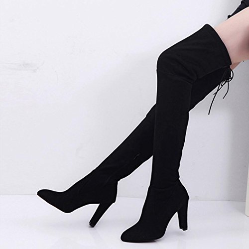 Tenworld Women's Faux Leather Thigh High Over The Knee Chunky Heel Long Boots (4.5, Black)