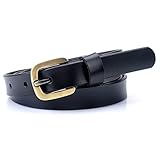 Vonsely Genuine Leather Casual Belt, 2 Sizes Choice Narrow Womens Belts for Dresses, Green Bronze Alloy Buckle, Black Belt 105CM