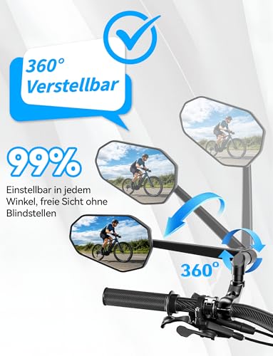 Bicycle Mirror for E-Bike Left, 360° Foldable & Rotatable Bicycle Rear View Mirror with Large Mirror Surface, Bicycle Mirror Left for Ebikes, Mirror for Bicycle, Impact-Resistant Real Glass, Bicycle