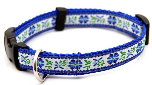 Country Brook Design Deluxe Wonderful Blue Flowers Ribbon Dog Collar - XS