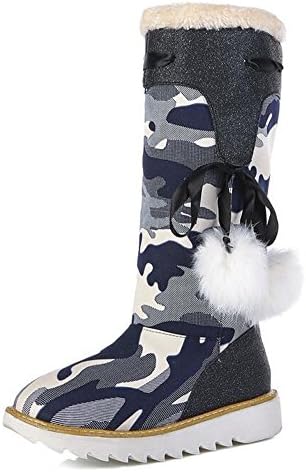 CHFSO Women's Stylish Camouflage Canvas Fully Fur Lined Pull On Mid Calf Low Heel Platform Winter Snow Boots Blue 8.5 B(M) US