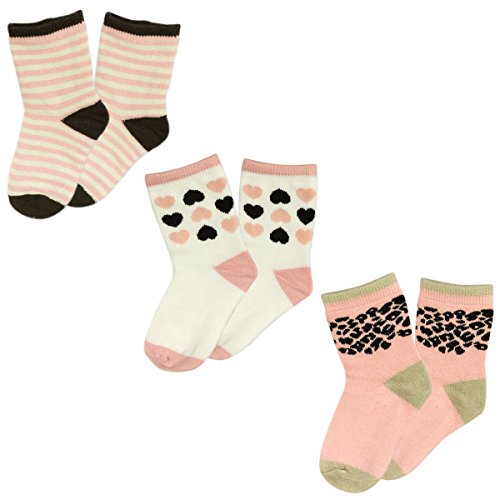 Bowbear Little Girls 3-Pack Leopards and Hearts Ankle Socks 4.5-5 inches Pink