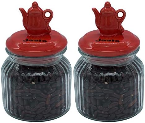 Jaalo - Air Tight Glass jar of 500 ml with Ceramic Kettle Shaped Red Color lid (Set of 2)