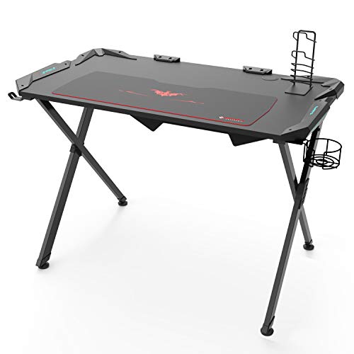 Eureka Ergonomic X1-S Gaming Desk - â€“ Gaming Computer Desk, Gaming Table PC Gaming Desk with LED Lights, Carbon Fiber, Cup Holder and Headphone Hook â€“ Black