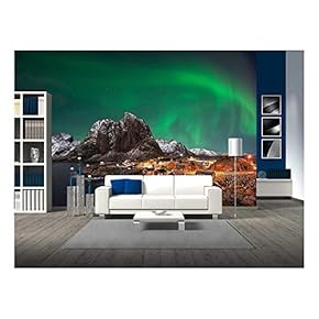 Beautiful Aurora Over Hamnoy, in The Lofoten Islands, Norway - Removable Wall Mural | Self-Adhesive Large Wallpaper - 66x96 inches