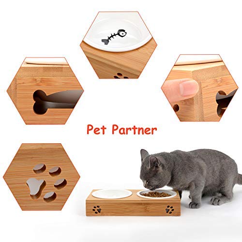 Legendog Cat Bowls, Elevated Dog Cat Bowls, Fashion Cat Ceramic Bowl with Bamboo Stand, Cat Food Water Bowl, Pet Bowls for Cats and Small Dogs