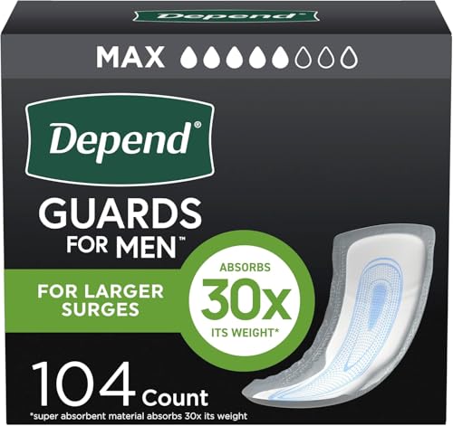 Photo 1 of *Package cut* Depend Guards Incontinence Pads for Men, Maximum Absorbency, 104 Count (2 Packs of 52), Packaging May Vary