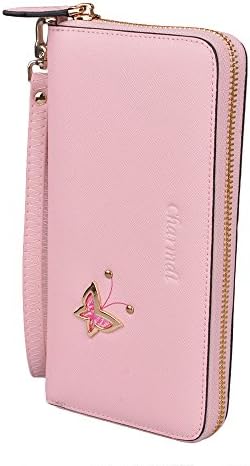 Charmdi Women Clutch Wallet Genuine Leather RIFD Blocking Card Holder Purse Handbag for iPhone with Wriststrap (pink)