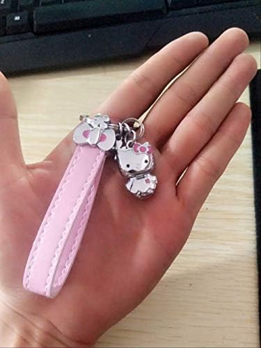SQWK Cute Cartoon PVC Hello Kitty Doll Keychain Leather Rope Key Holder Metal Bell Key Chain Keyring Charm Bag As Shown See Chart