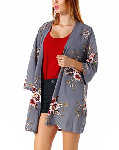 PopStore Women's Floral Print Sheer Kimono Cardigan Capes Chiffon 3/4 Sleeve Patchwork Casual Cover up Blouse Tops