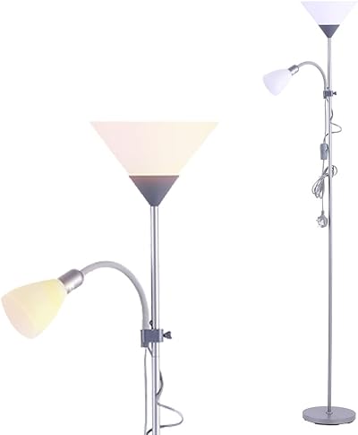 INMOZATA Mother and Child Floor Lamp Uplighter Dual Switch Silver 175cm