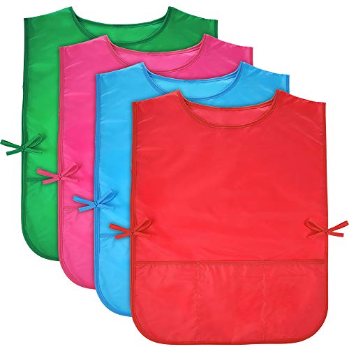Pllieay 4Pcs 4 Colors Water Resistant Kids Art Smocks with 3 Pockets, Middle Size Children